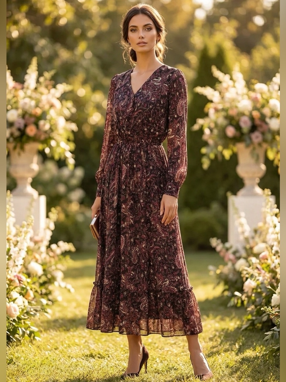 & Other Stories Paris Atelier Paisley Long Sleeve Dress in Burgundy